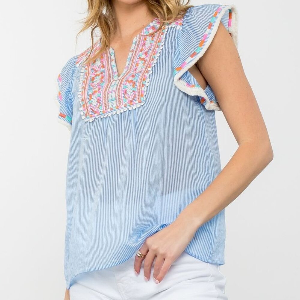 THML Blue Striped Embroidered Blouse